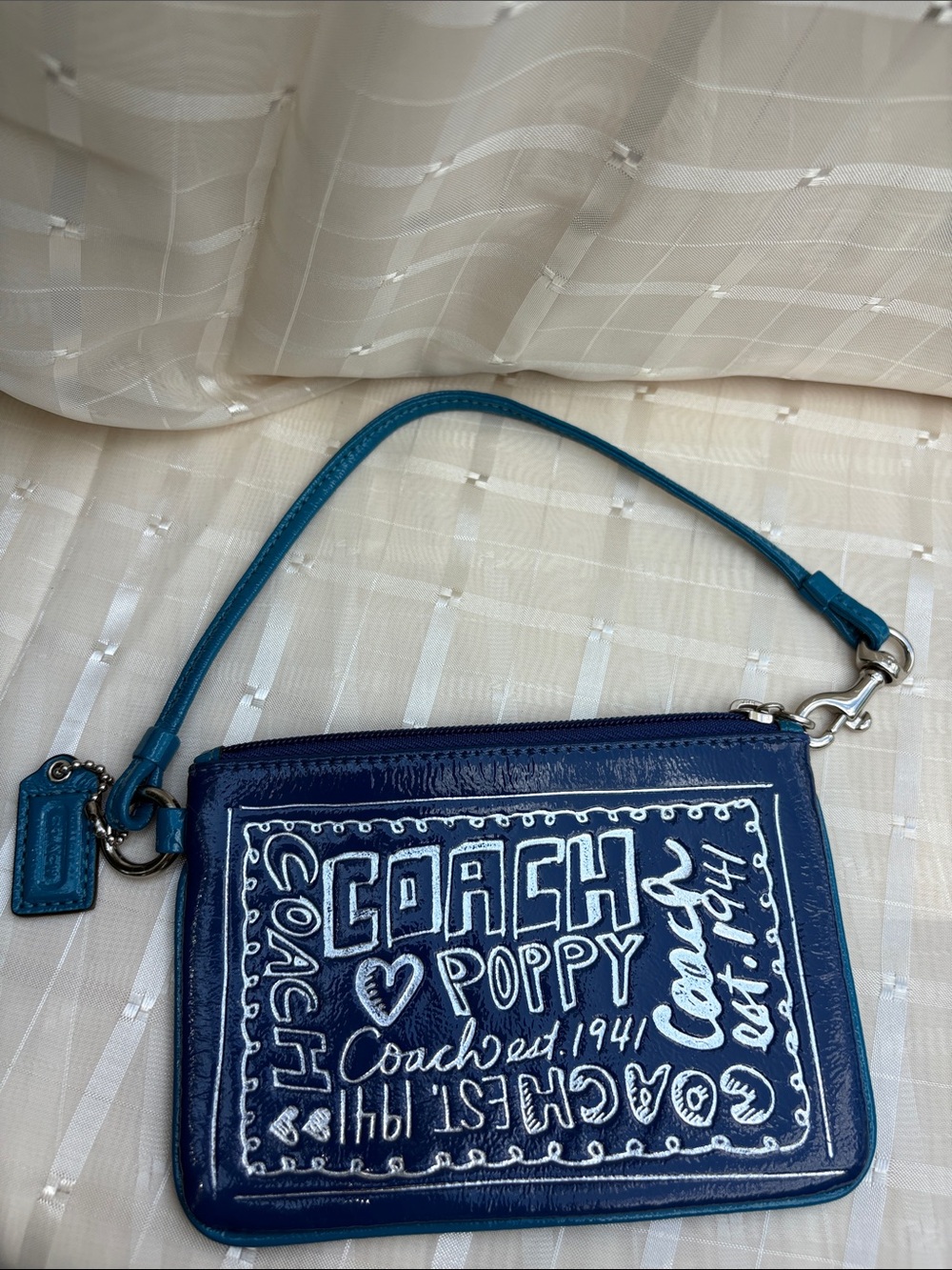 Vintage Coach Poppy Blue Patent Leather Graffiti Wristlet Wallet
